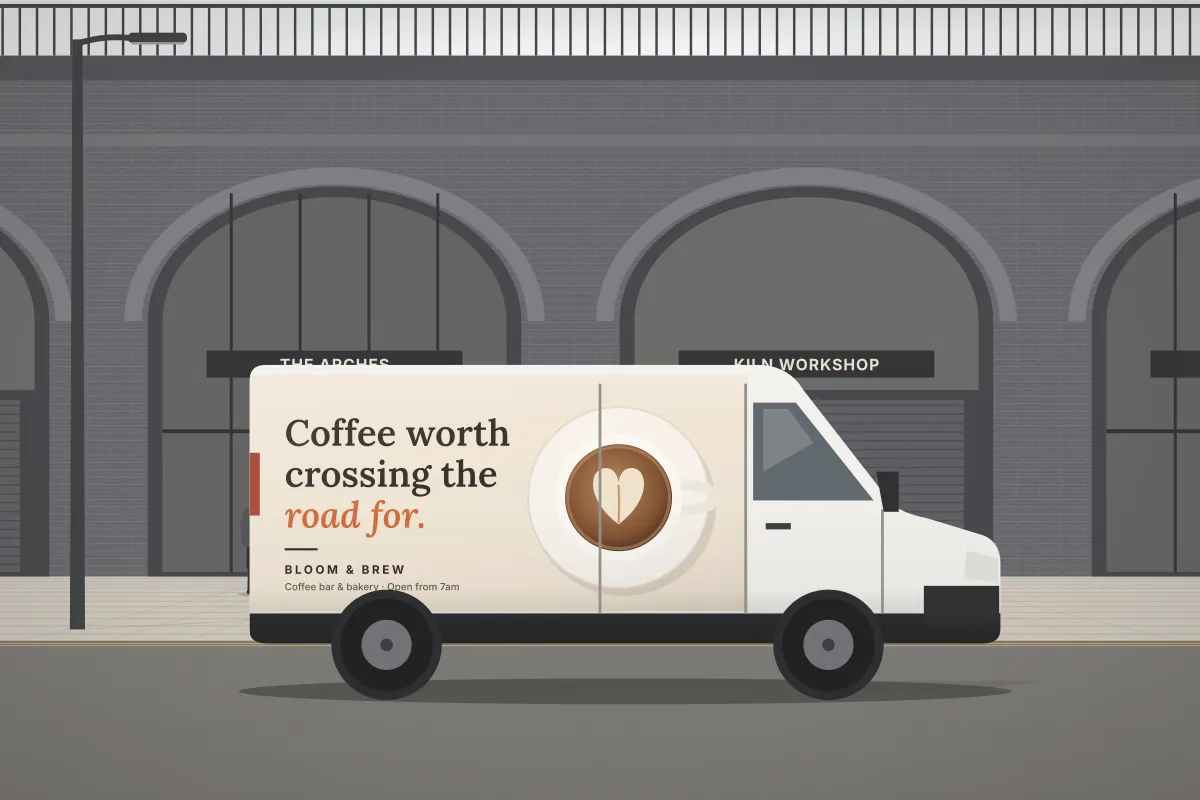 Full wrap on a city delivery van — daytime view